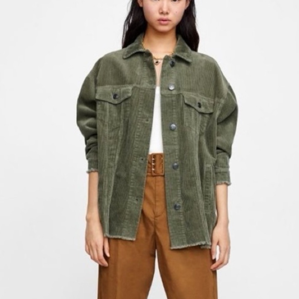 Zara Olive green corduroy jacket with frayed edge